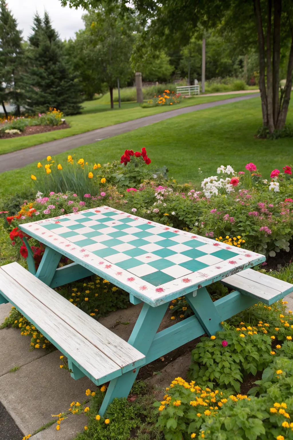 A picnic table with a checkerboard design adds a playful touch to a garden.