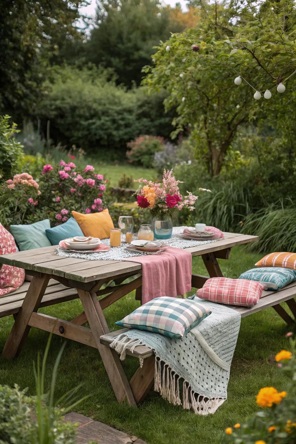A picnic table styled with throws and cushions for ultimate comfort.