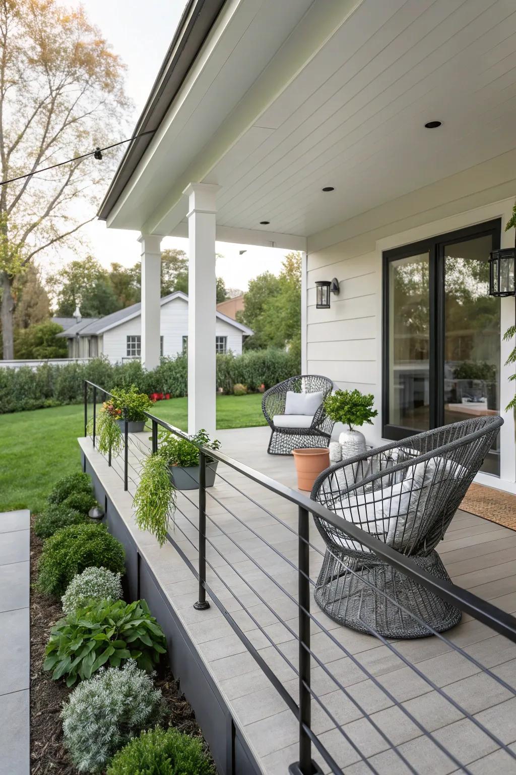 Cable railings provide a sleek, minimalist appearance.