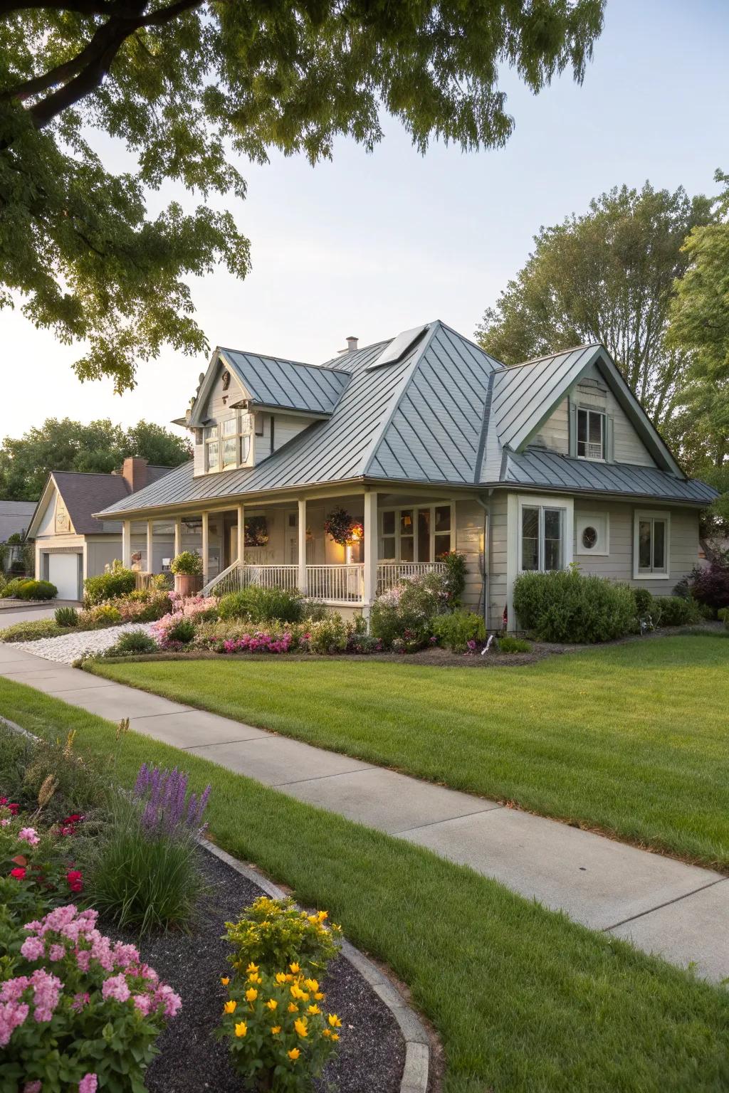 A charming suburban home enhanced by the addition of a stylish metal roof.