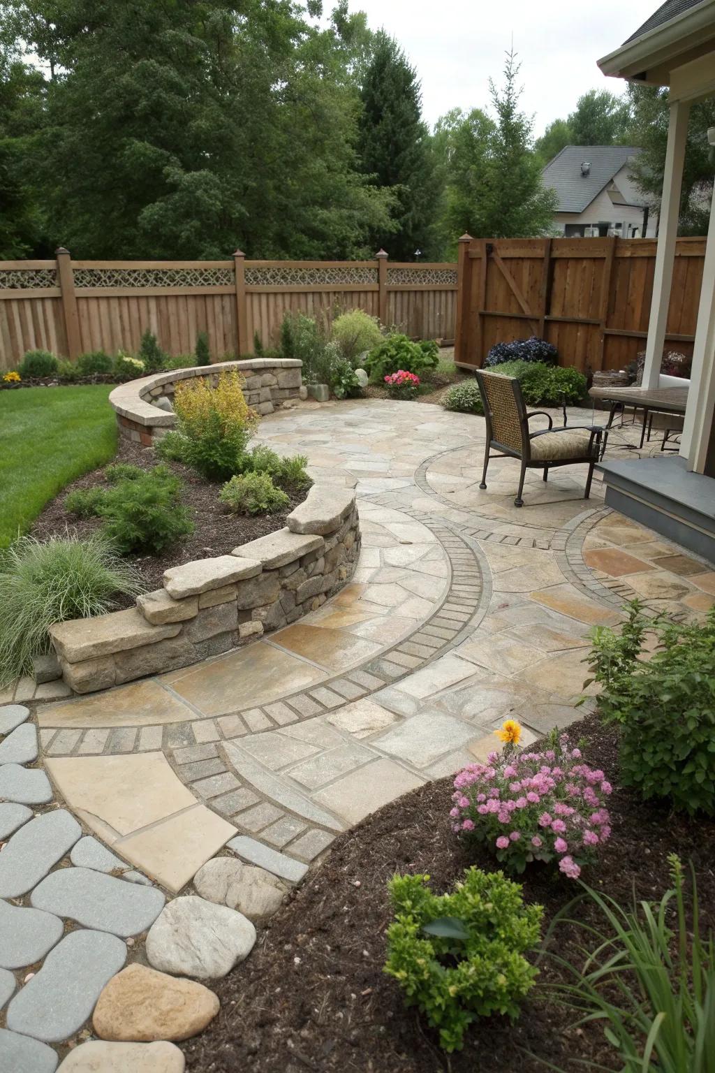 Stonework adds elegance and structure to a pie-shaped backyard.