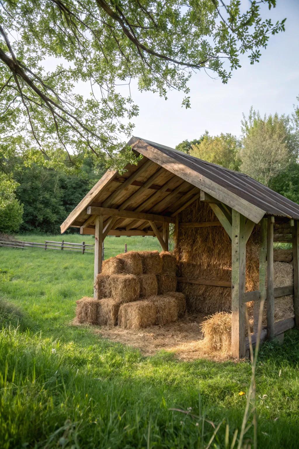 A warm and inviting straw bale pig shelter.