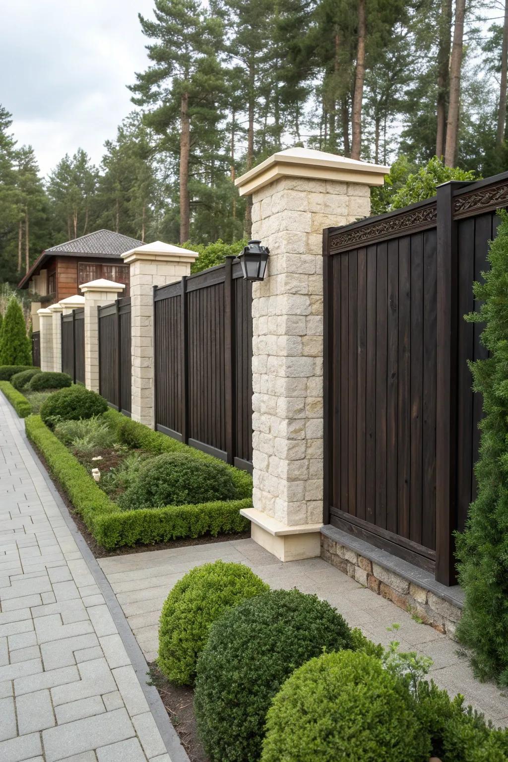 Contrast between dark wood and light stone pillars adds visual interest.