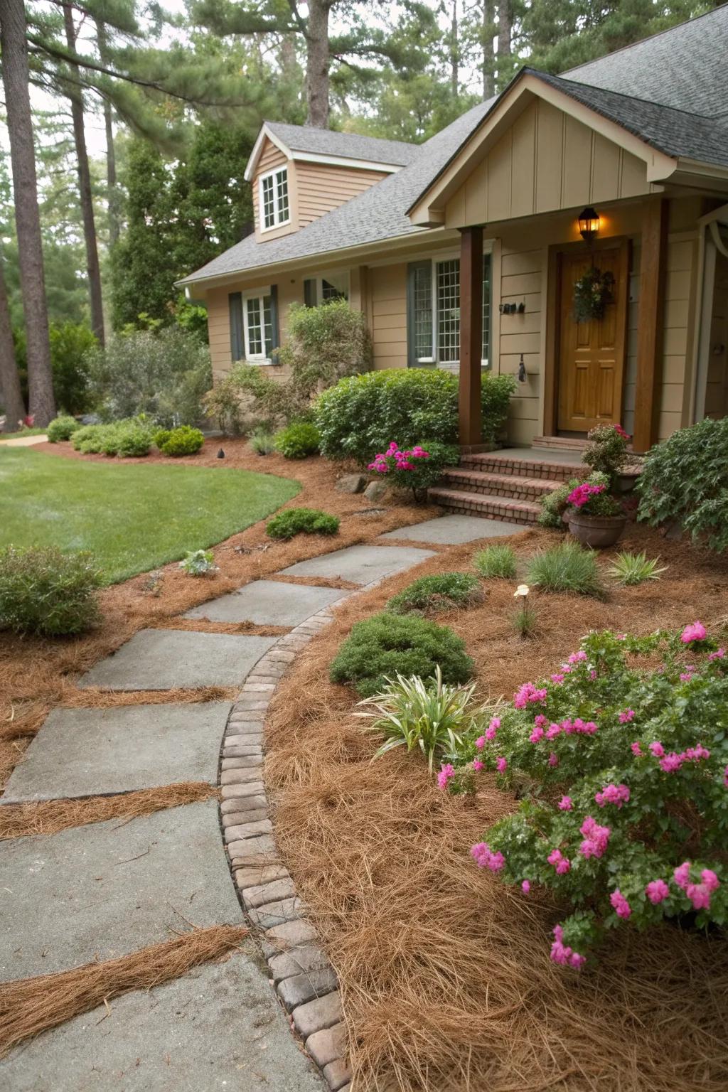 Pine straw highlights the path and plantings in this inviting front yard.