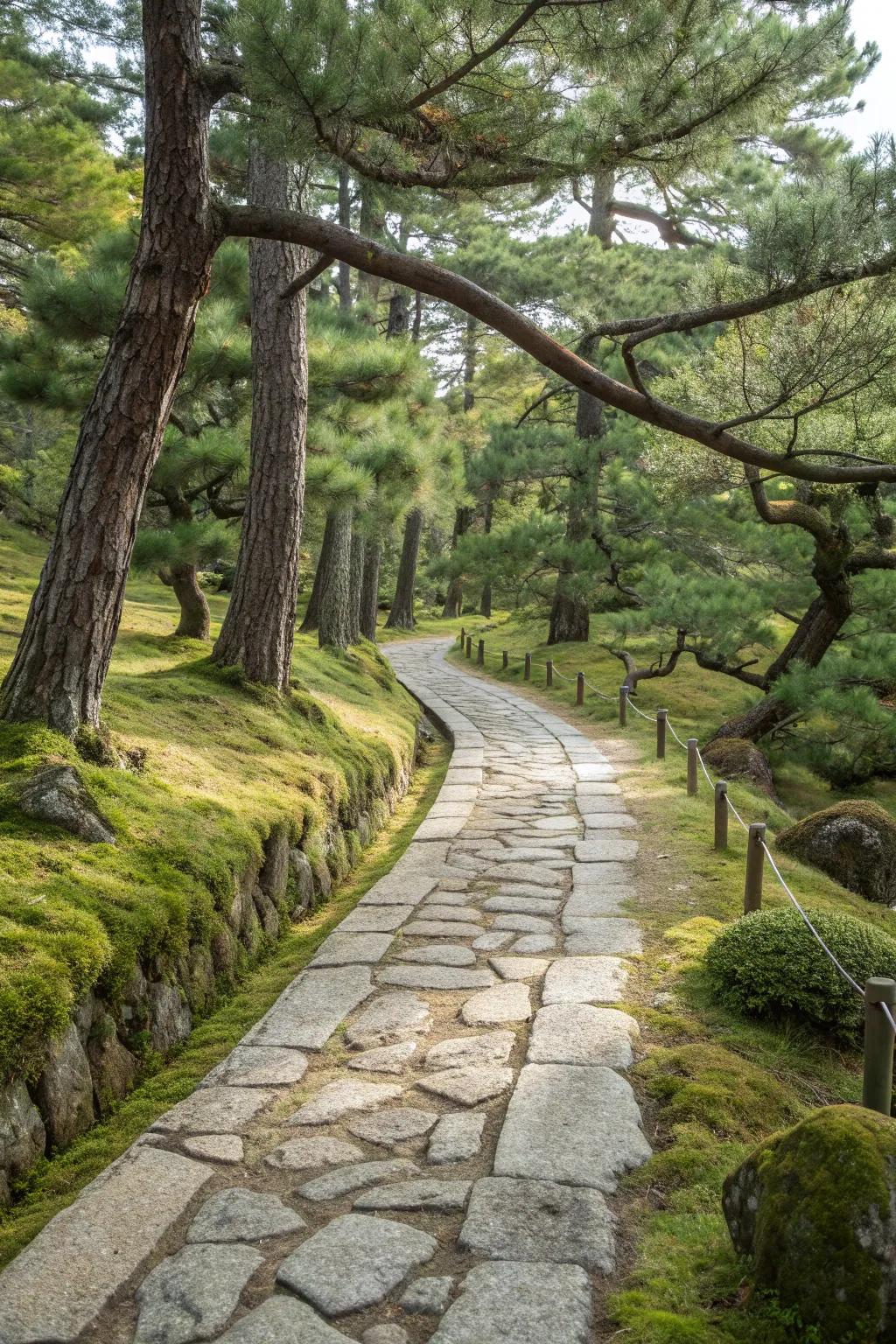 Inviting pathways through pine gardens.