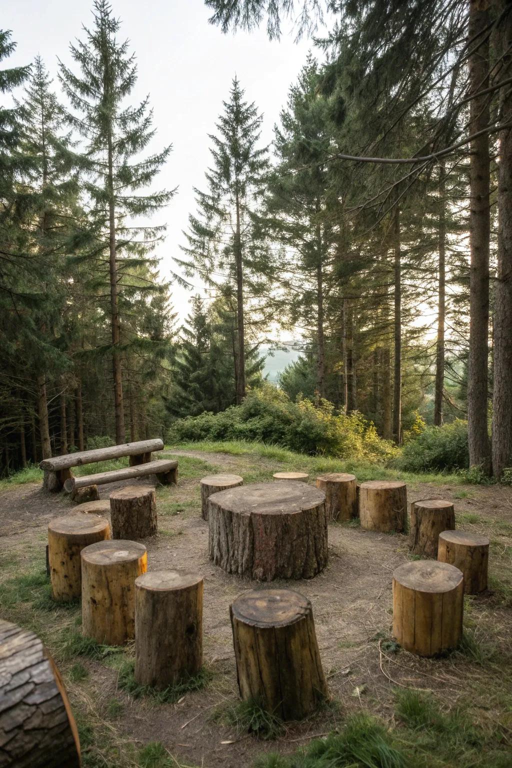 A natural seating area offers a peaceful retreat under the pines.