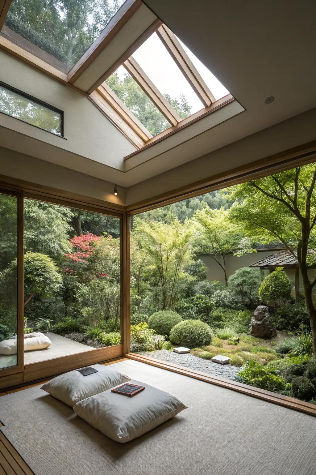 Skylights framing picturesque views of a verdant garden.