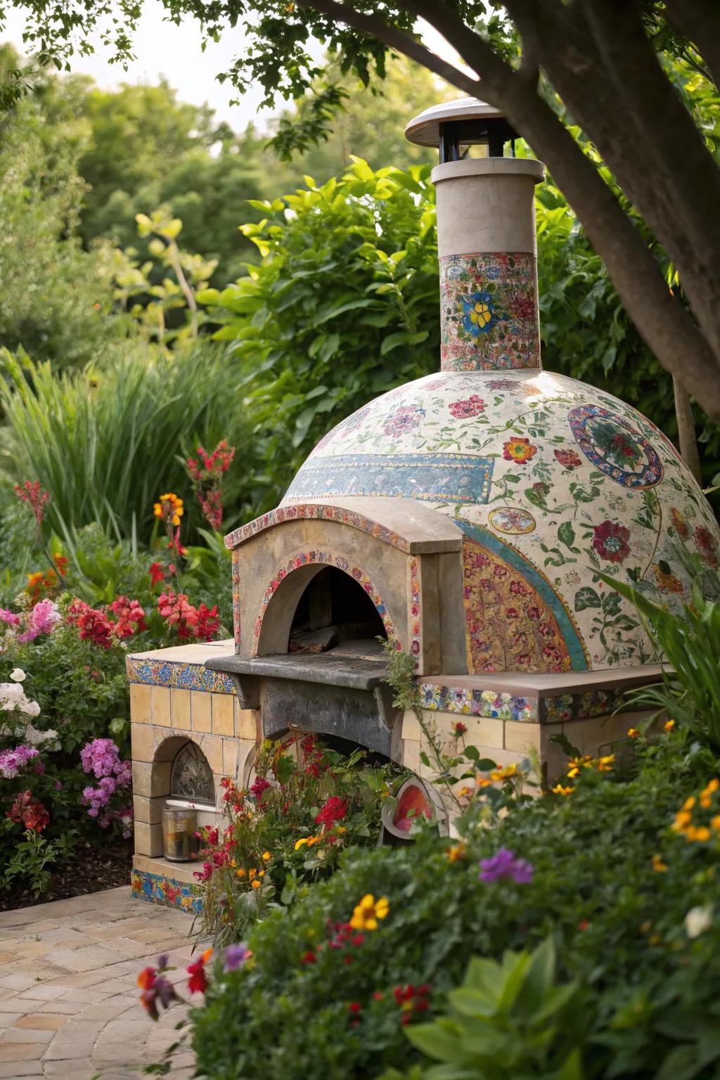 A decorative tiled pizza oven that serves as an artistic focal point.