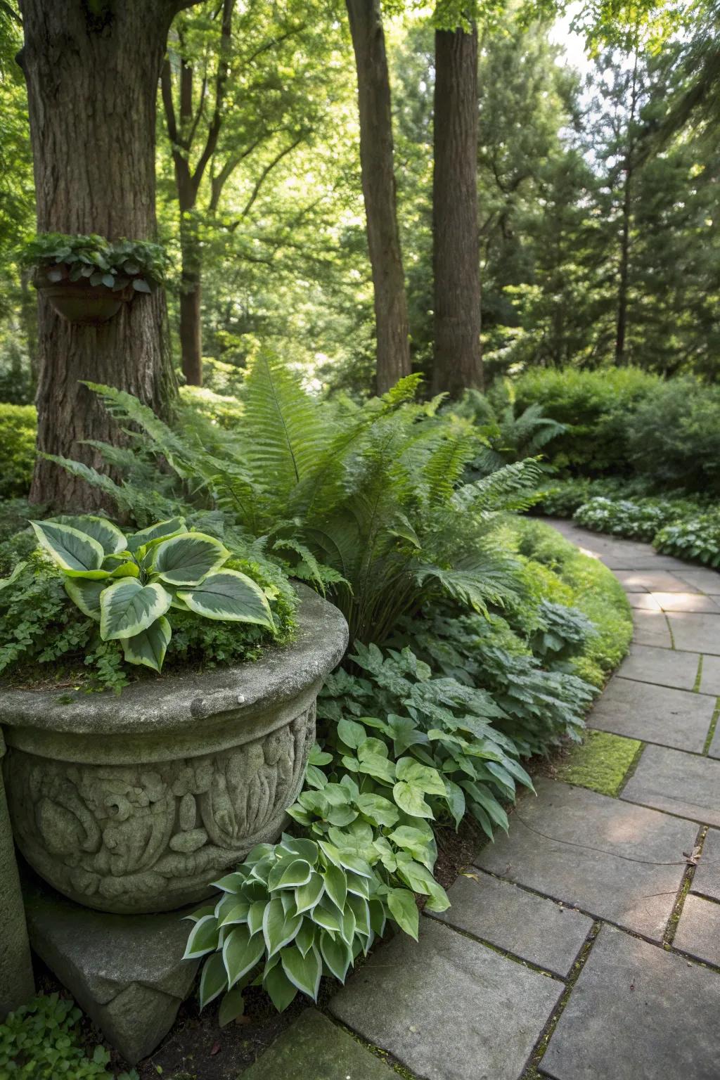 A serene, shaded container garden with lush ferns and hostas.