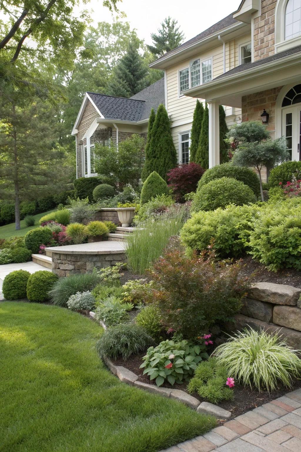 Add dimension with layered landscaping.