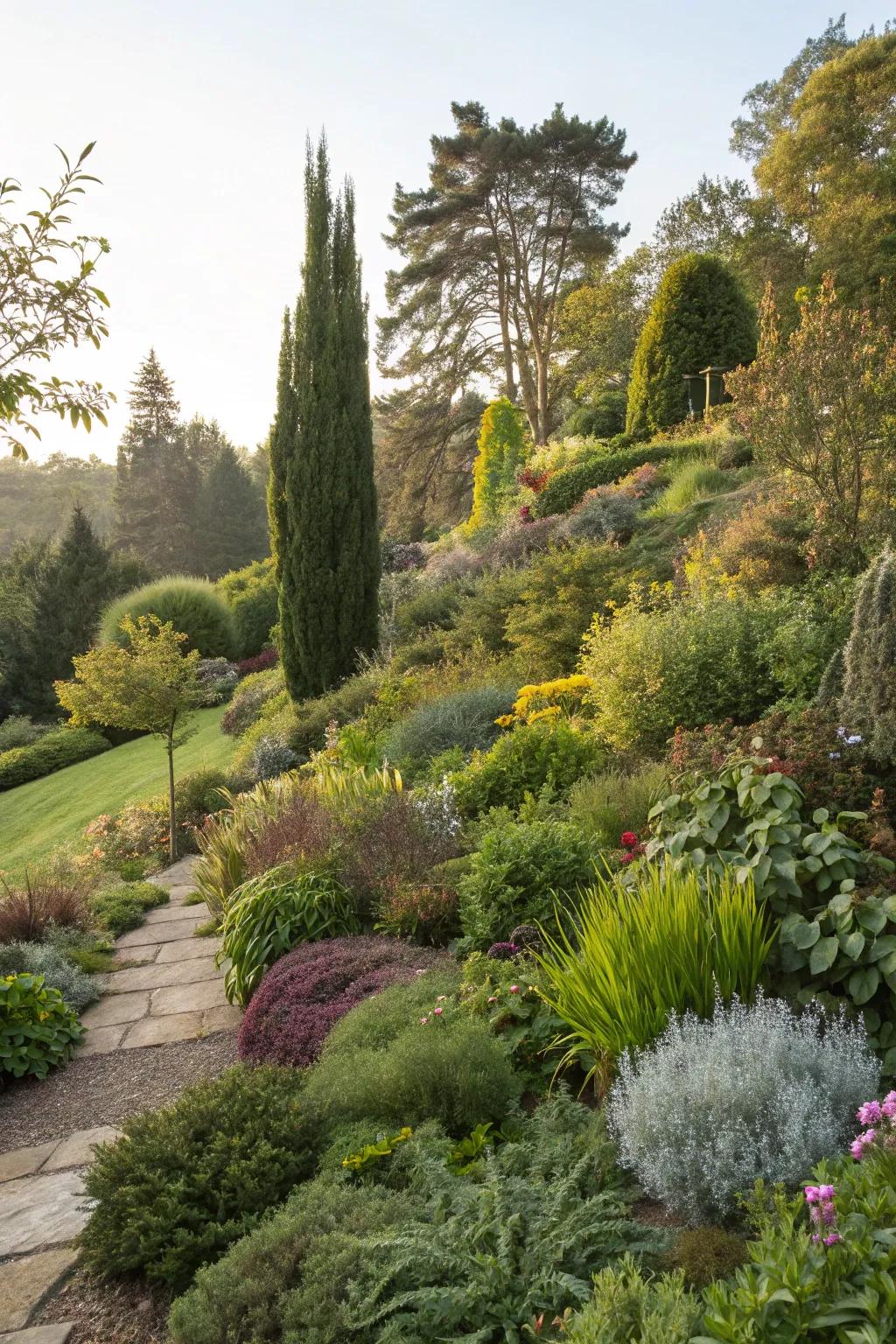 Layered plant heights for a dynamic garden view.