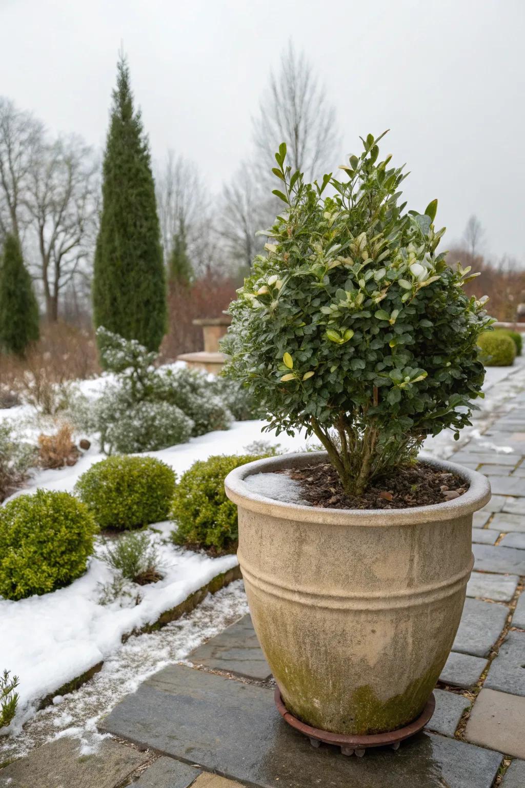 Evergreen euonymus bringing color to a winter garden with its variegated leaves.