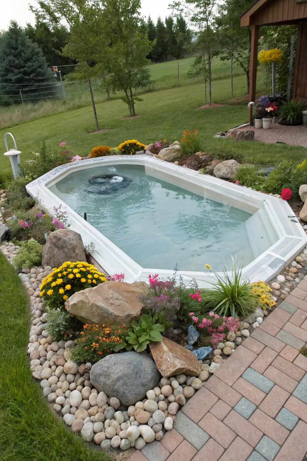 Uniquely shaped plastic pond adding character to a creatively landscaped backyard.