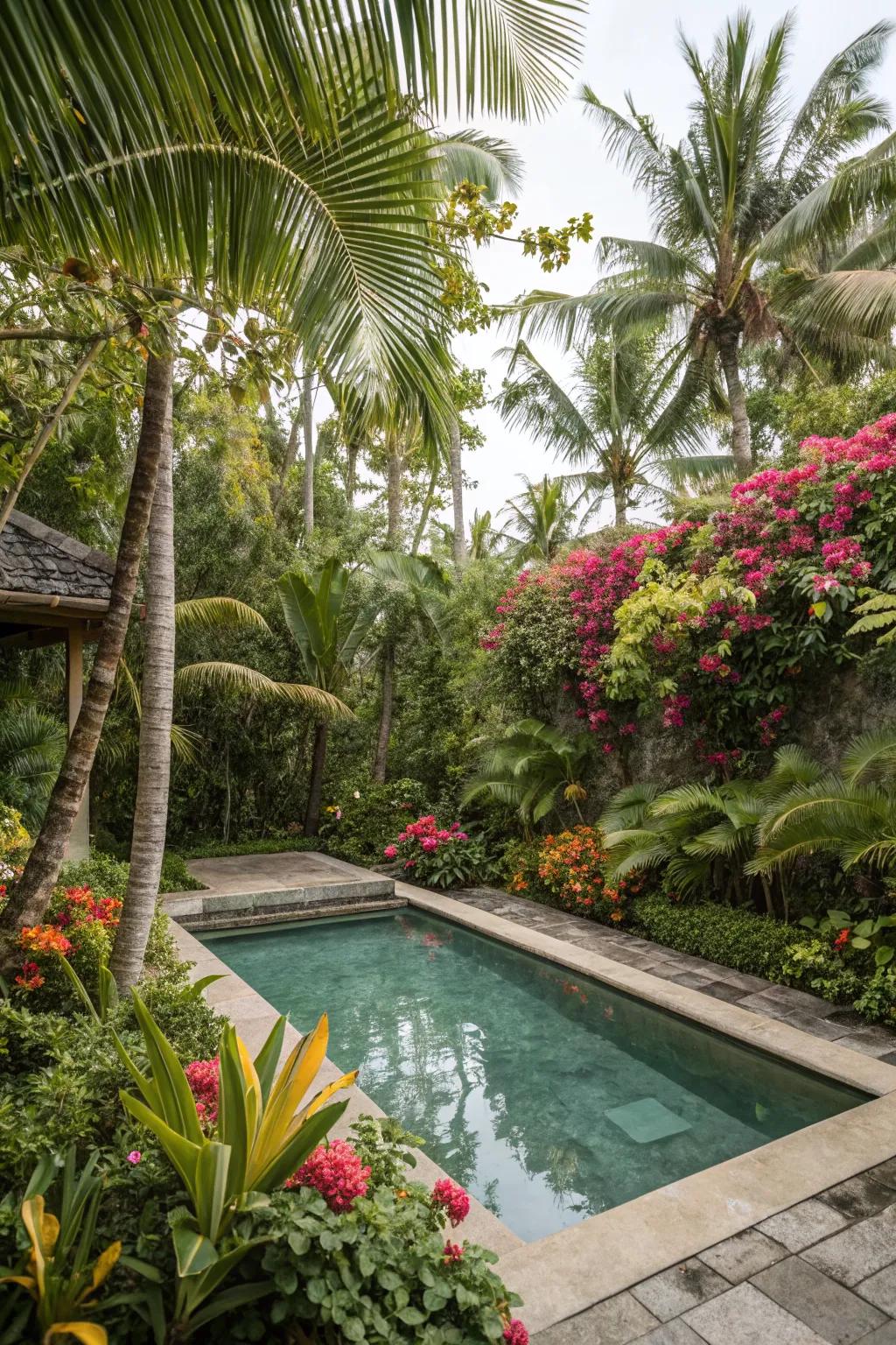 A tropical plunge pool oasis surrounded by lush greenery.