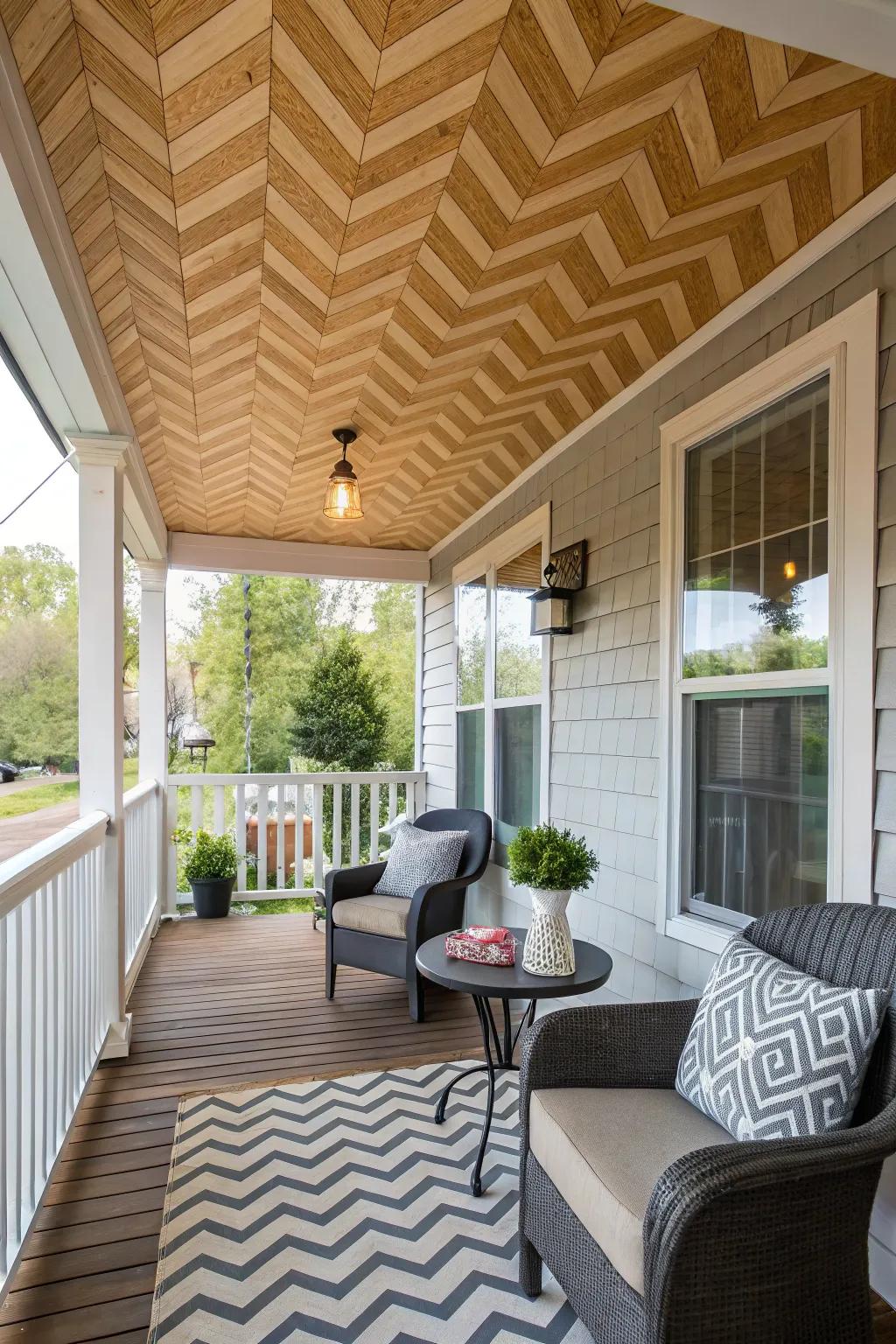 Layered patterns on plywood add a unique visual element to your porch.
