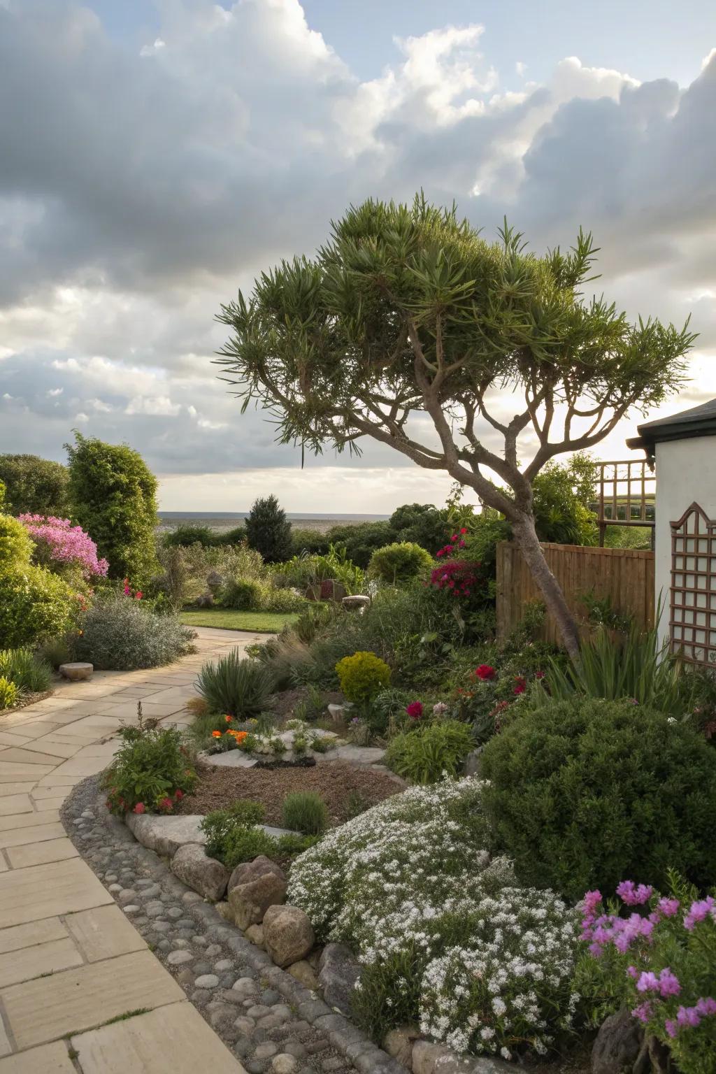 Informal garden design enhanced by the structure of podocarpus.