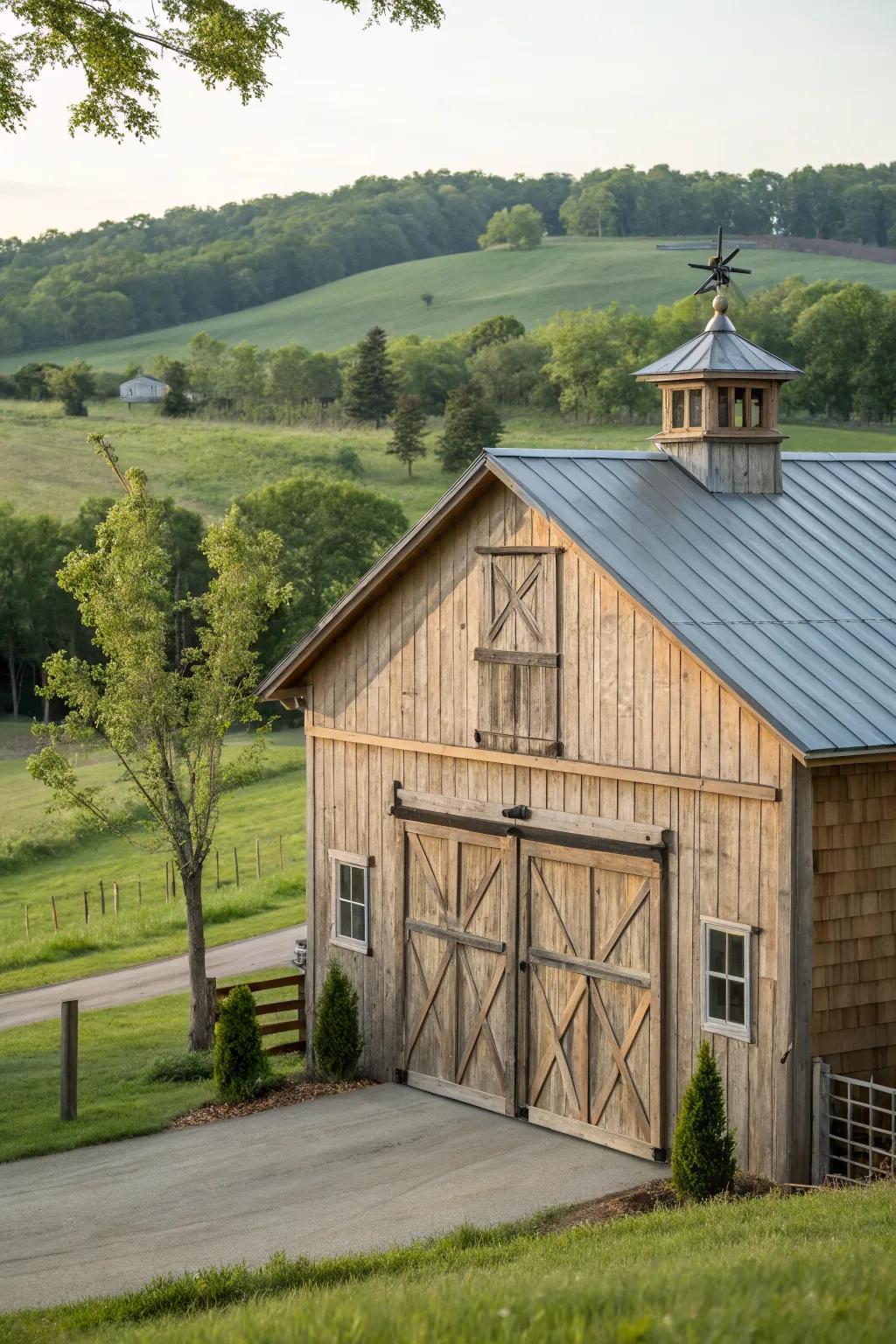 Traditional sliding barn doors add rustic charm.