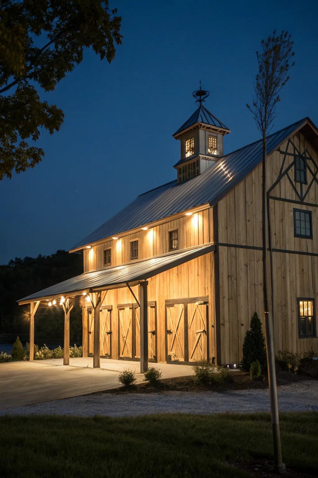 Outdoor lighting enhances the beauty and safety of the pole barn.