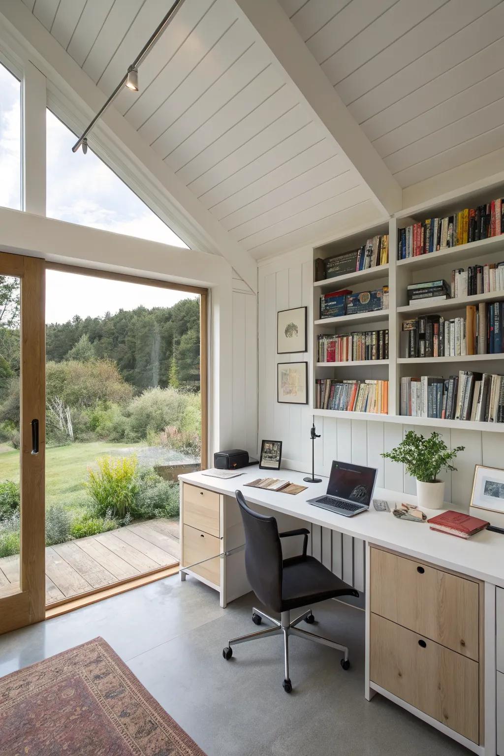 A pole building serving as a spacious home office.