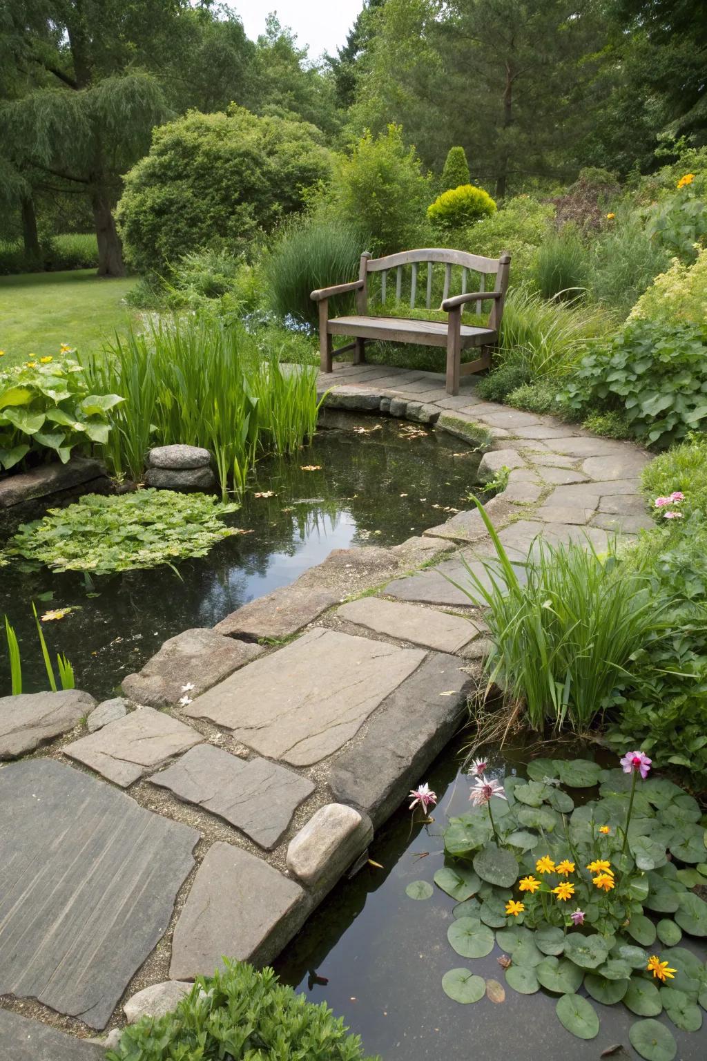 A stone pathway invites you to explore the pond area.