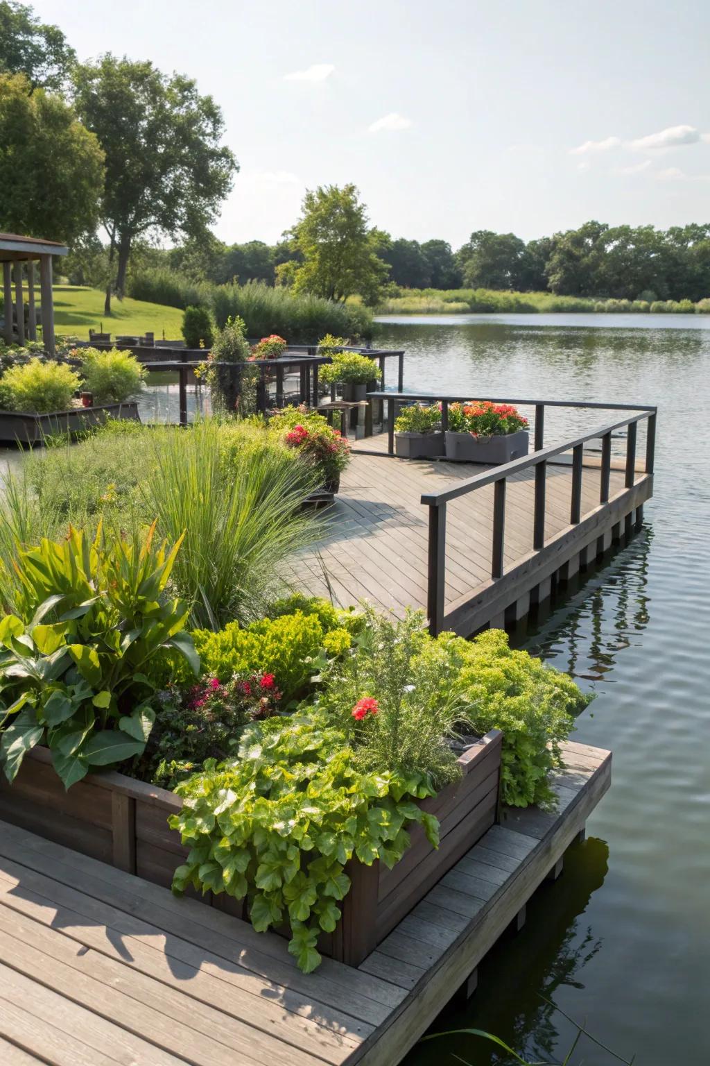A nature-integrated dock surrounded by vibrant plants.