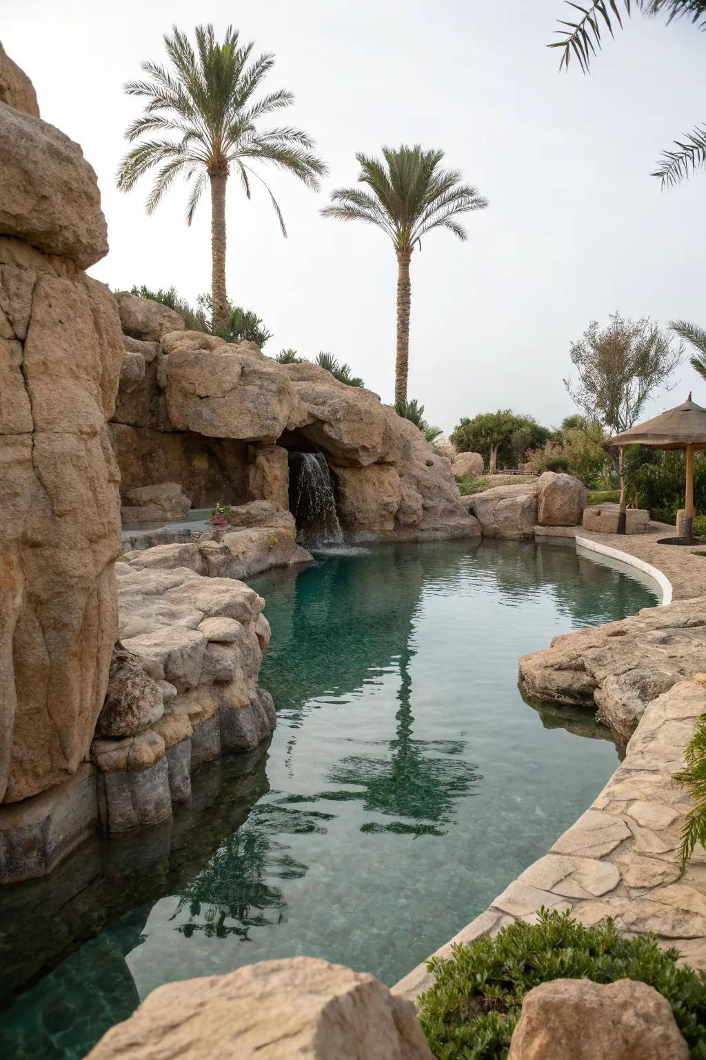 Natural rocks create an organic feel around the pool.
