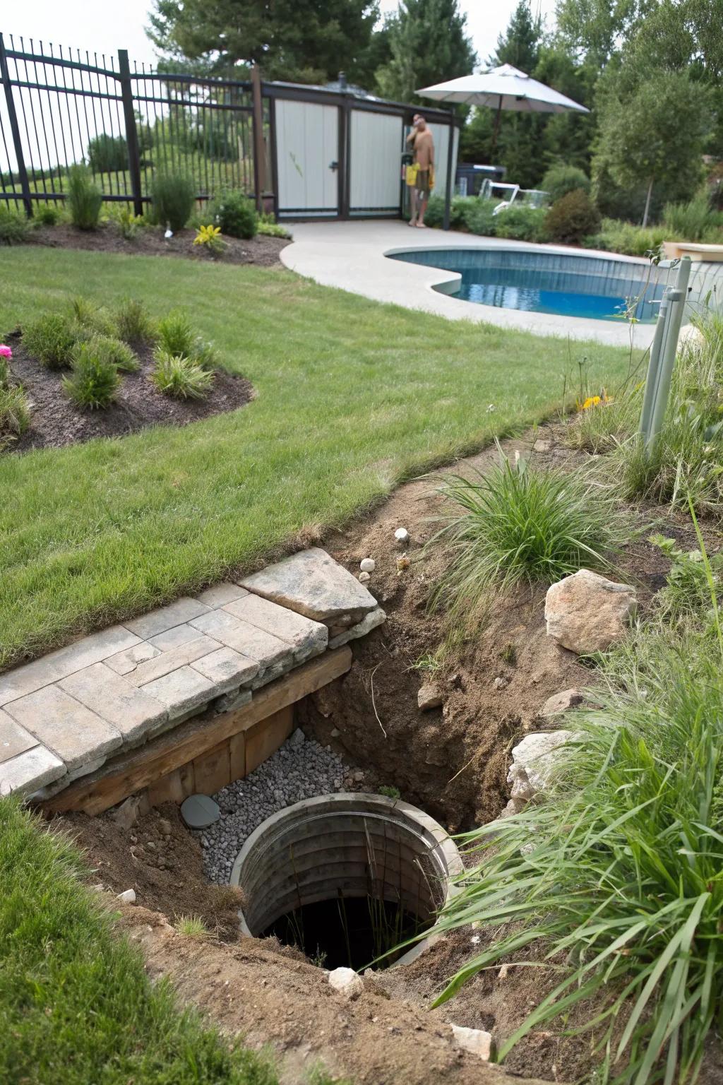 Manage water with an underground dry well.