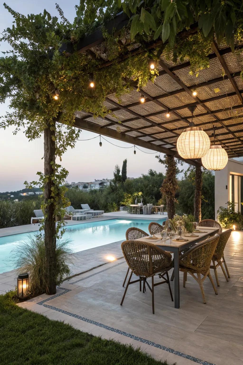 Enjoy shaded comfort with a chic pergola by your pool.