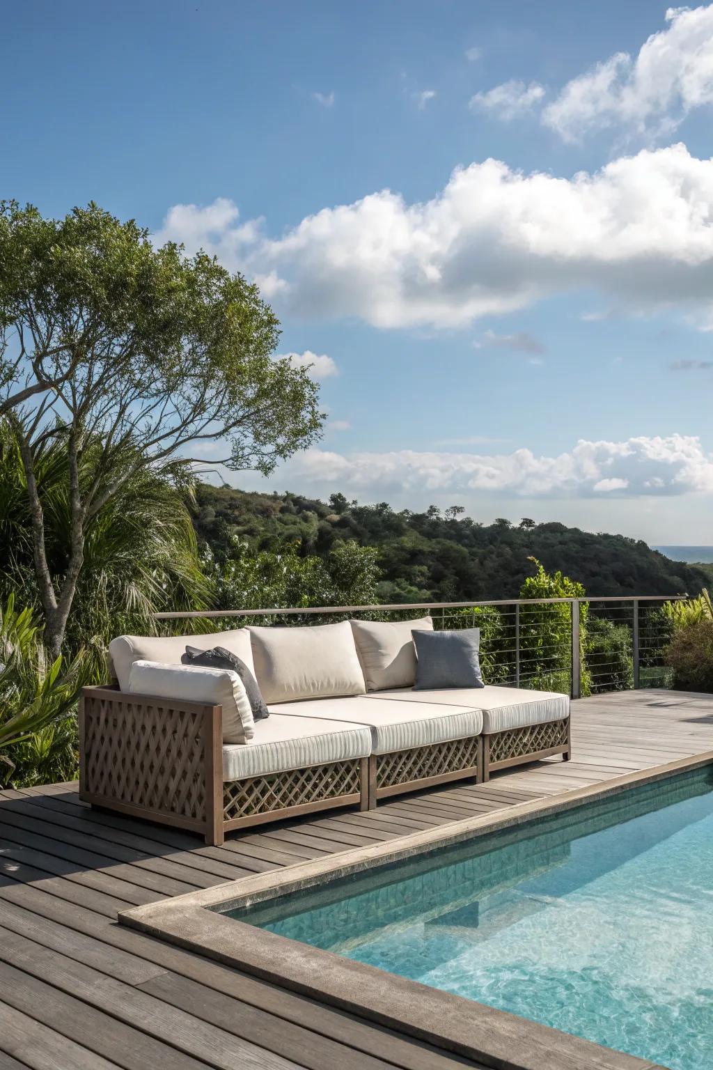 A pool deck featuring a stylish outdoor sectional sofa.