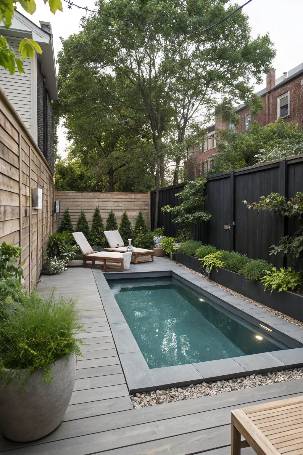 A chic pool deck design that makes the most of a compact space.