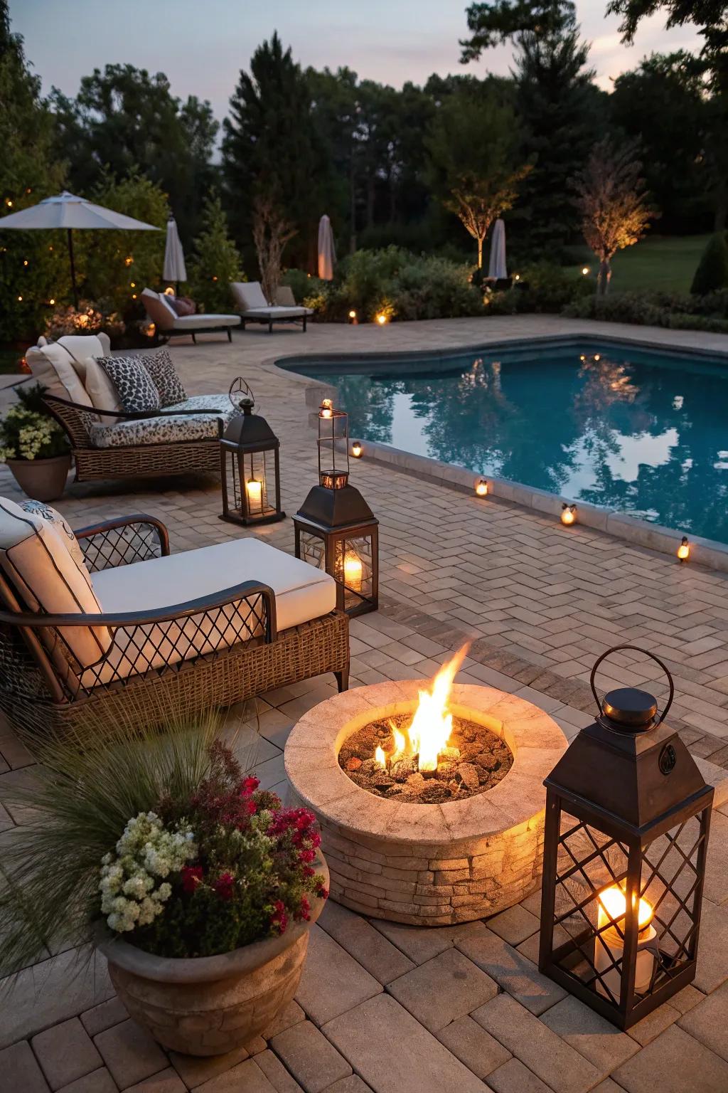 Warmth and ambiance with a fire pit on the pool deck.