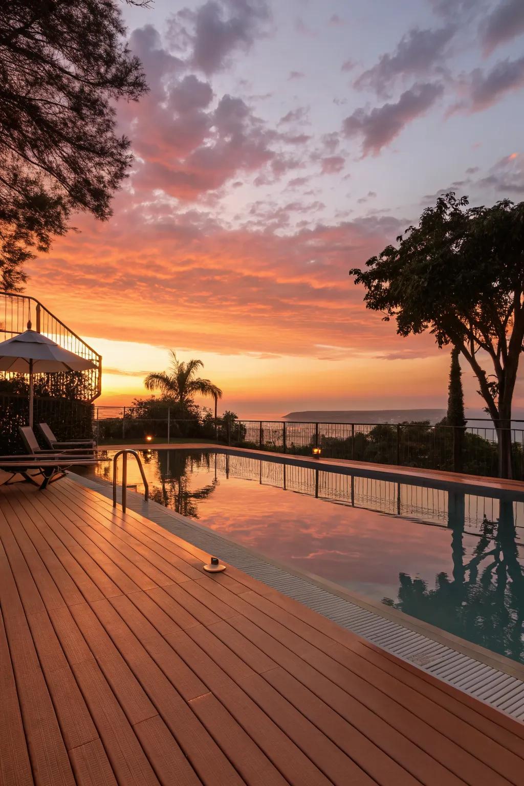 Sunset hues evoke warmth and a sense of relaxation by the pool.