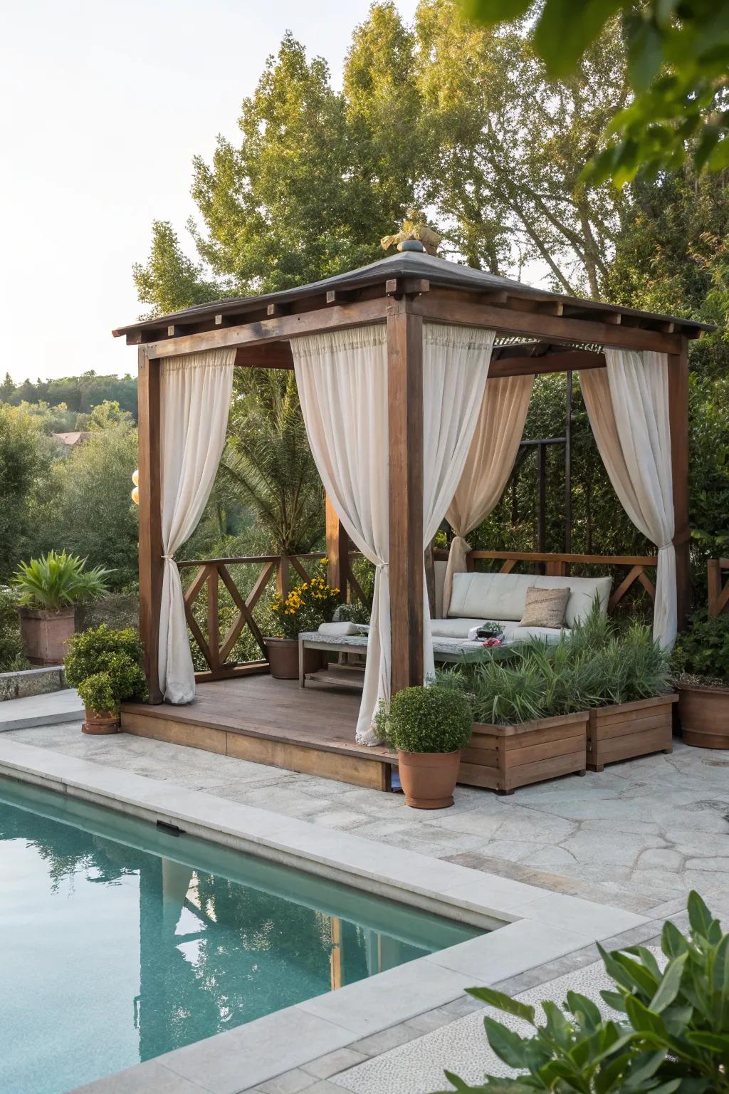 A gazebo offers a charming, private retreat.