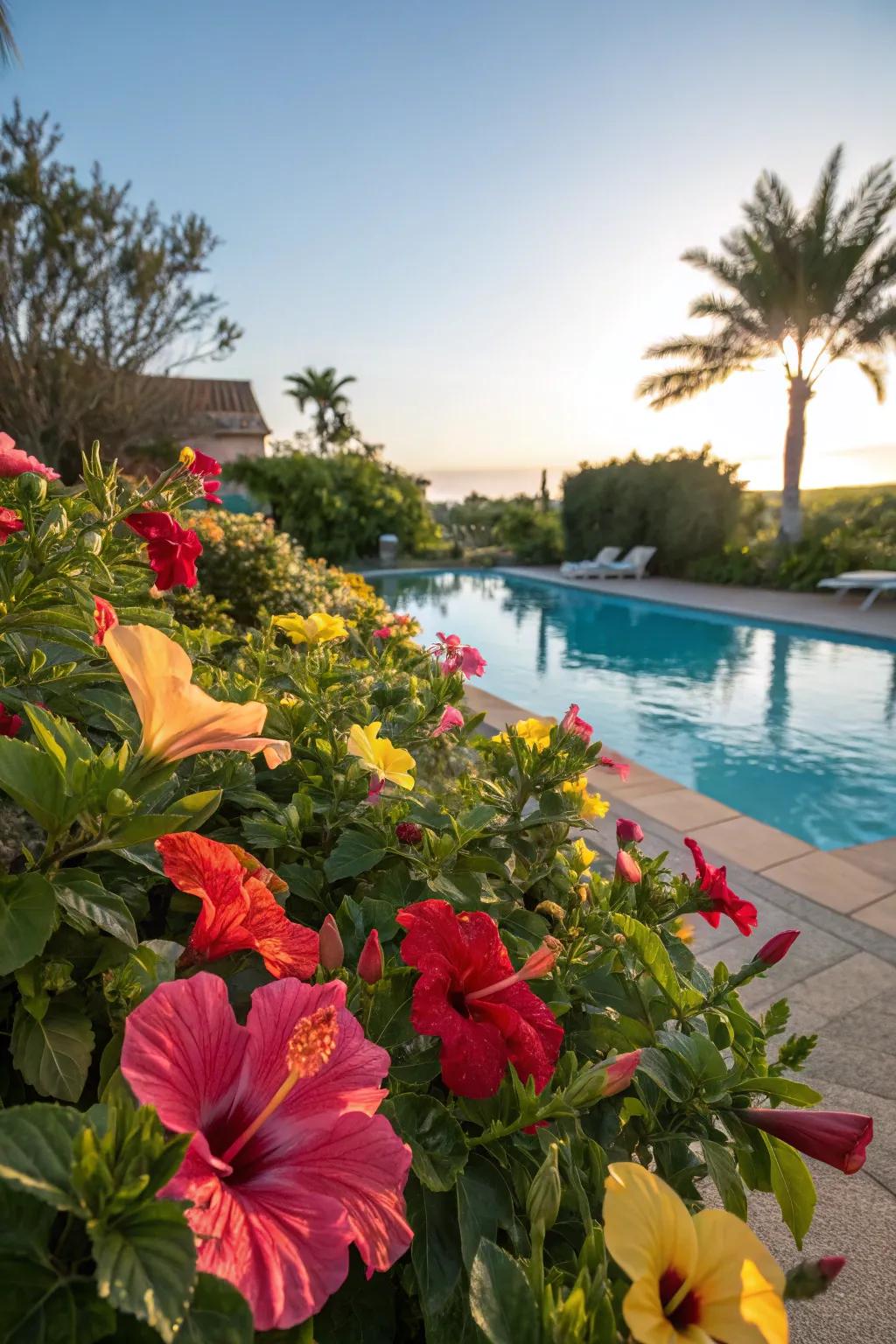 Tropical blooms can transform your pool into an exotic escape.
