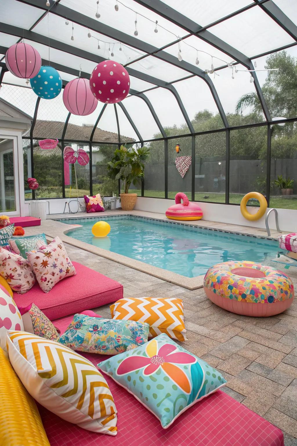 Colorful accessories can bring your pool enclosure to life.
