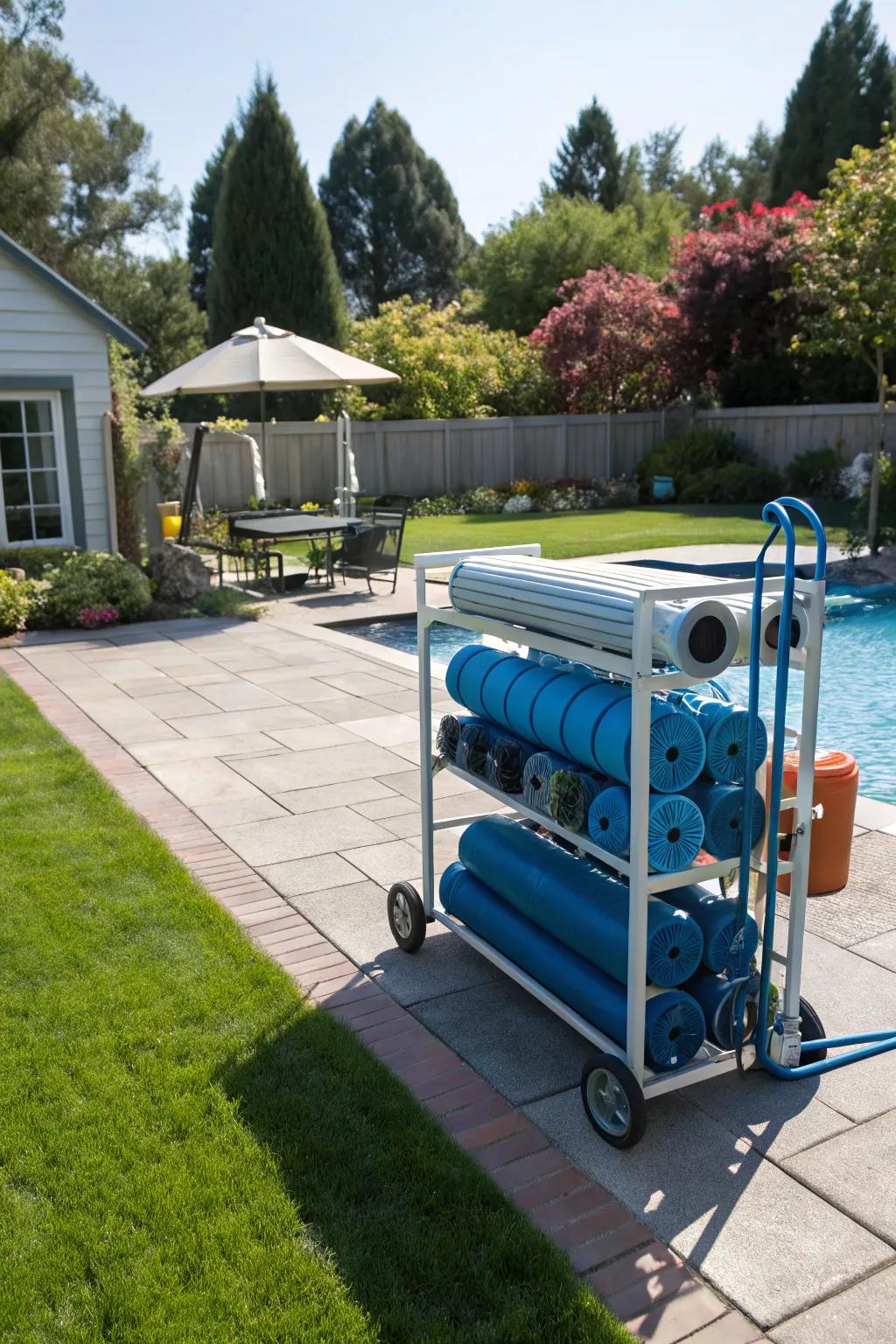 Rolling carts provide mobility and convenience for pool equipment.