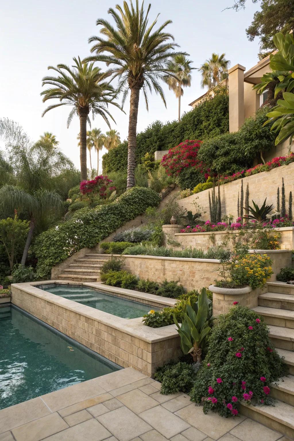 Multi-level gardens add depth and interest to your pool area.