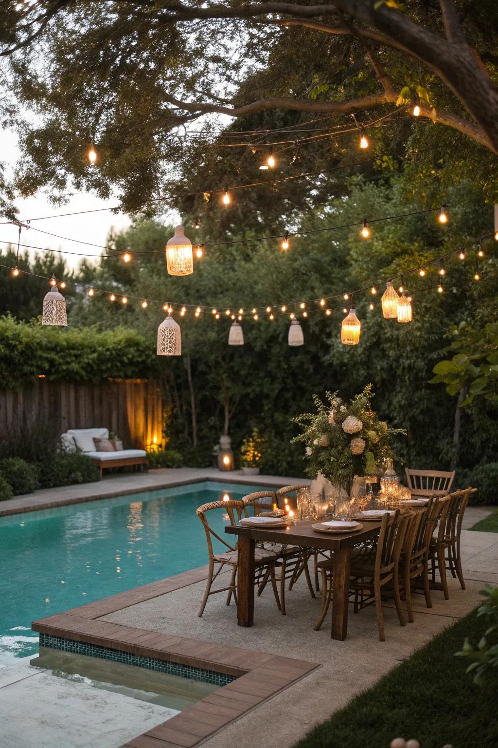 An outdoor dining area by the pool creates a perfect social spot.