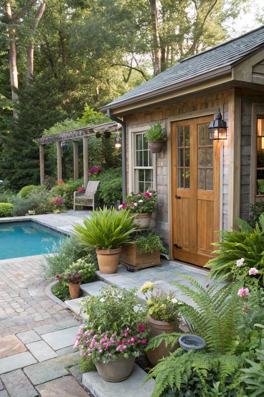Greenery breathes life into this pool house oasis.