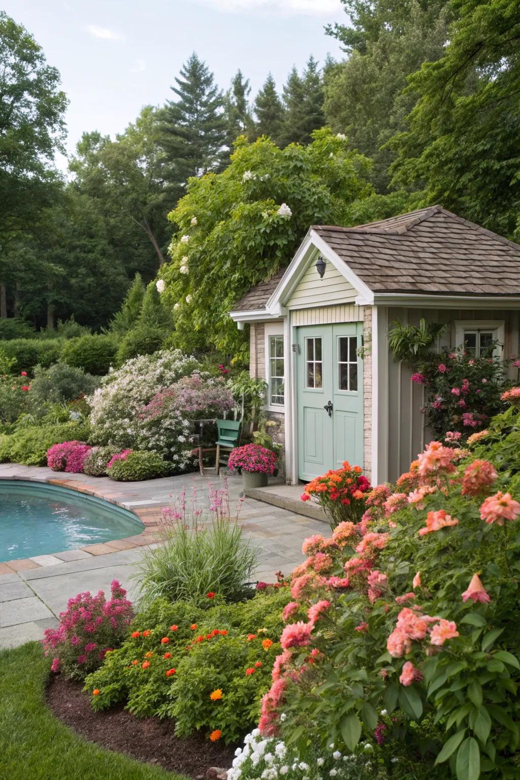A garden getaway, blending the beauty of nature with poolside charm.