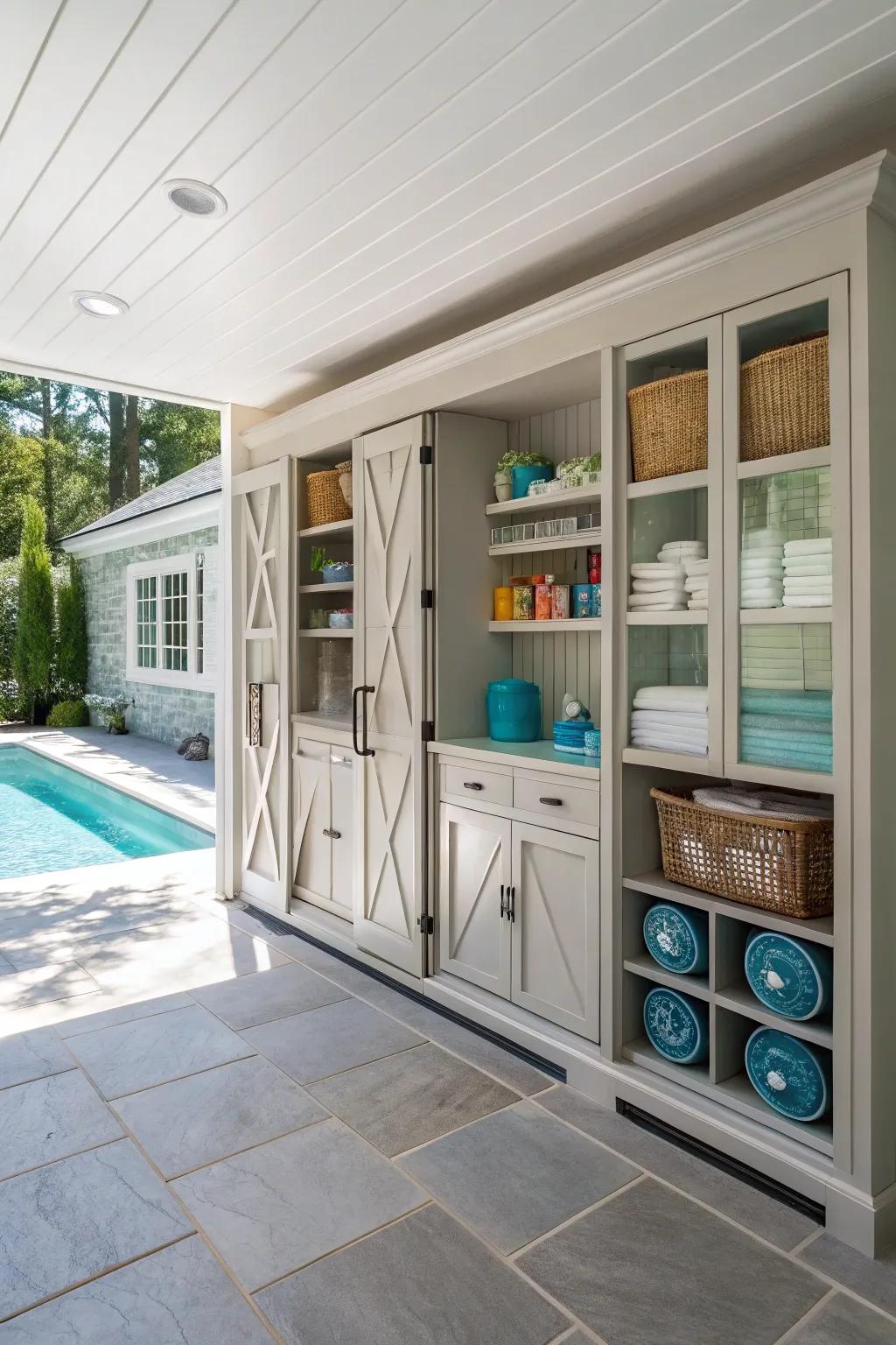 A mix of open and closed storage keeps your pool house looking tidy.