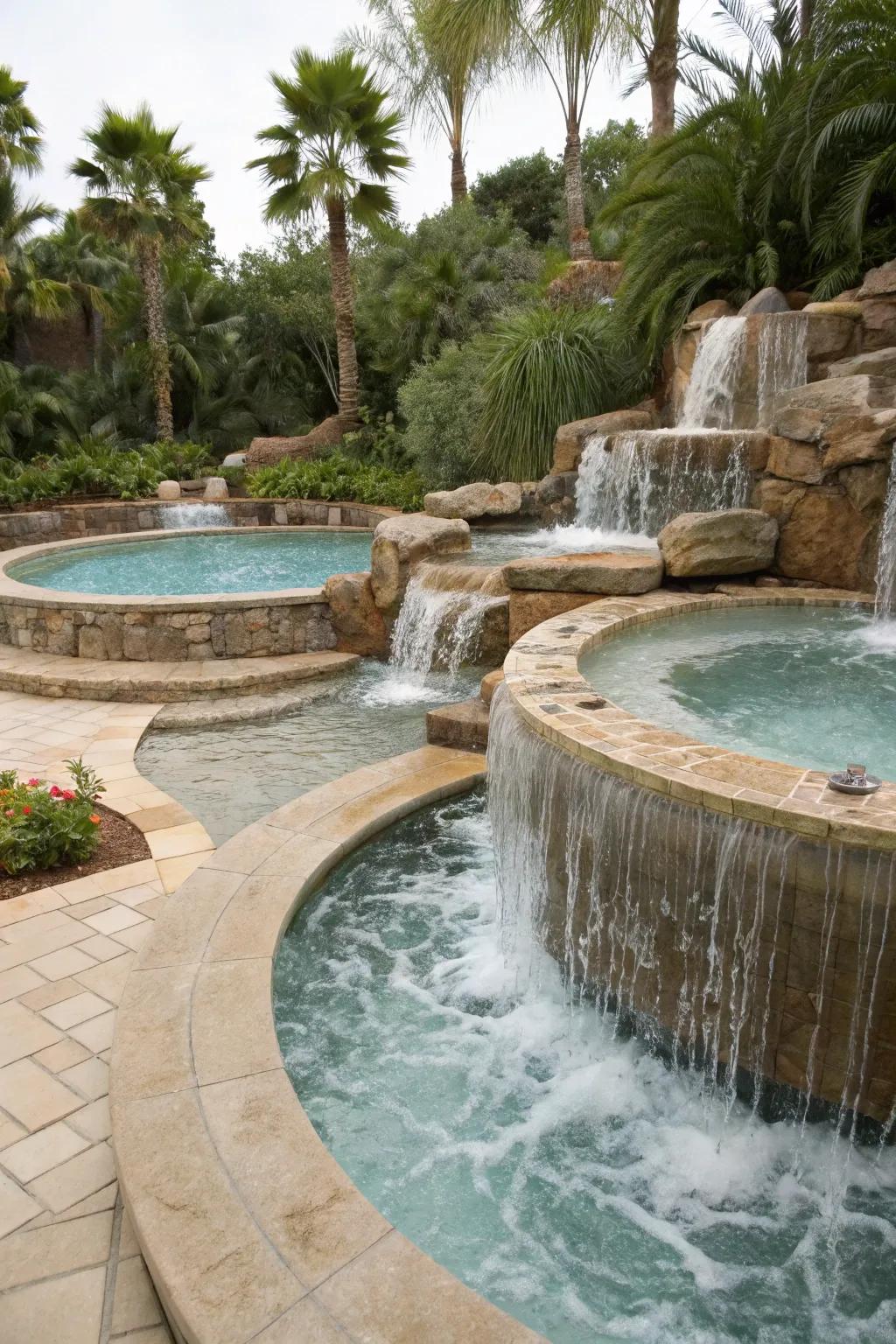 A multi-level pool and jacuzzi featuring waterfalls and steps.