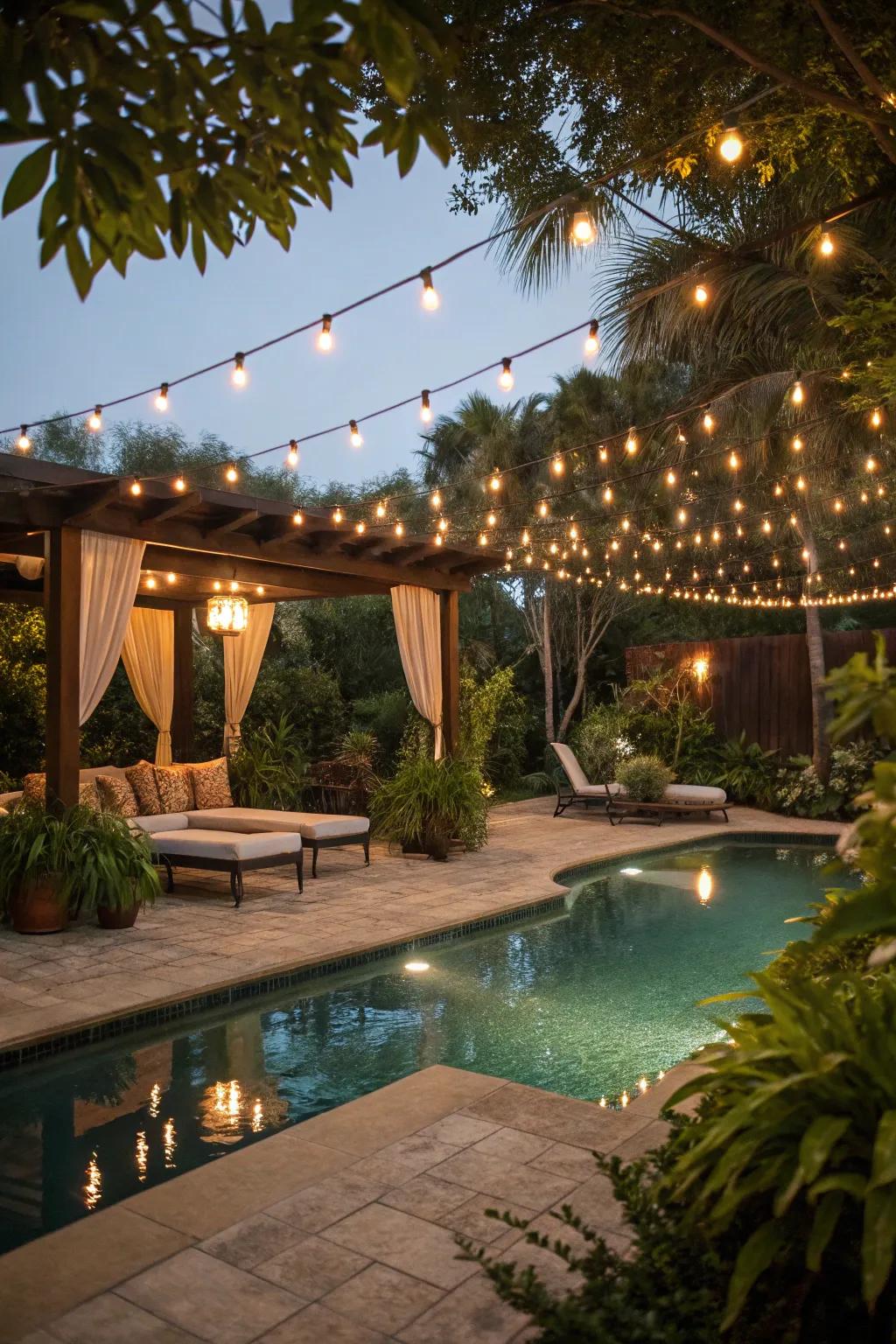Decorative string lights create a warm and inviting ambiance.