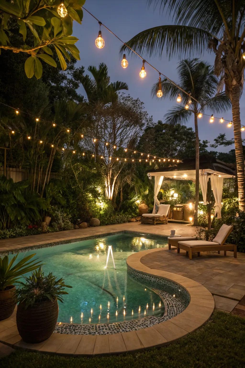 Outdoor lighting transforms your pool into a nighttime oasis.