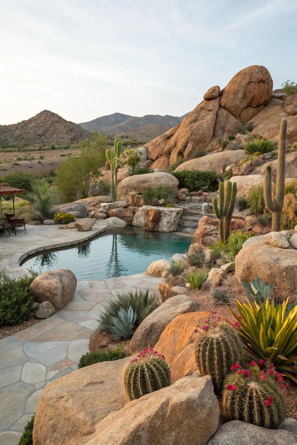 Desert-themed landscaping offers a unique and stylish poolside look.