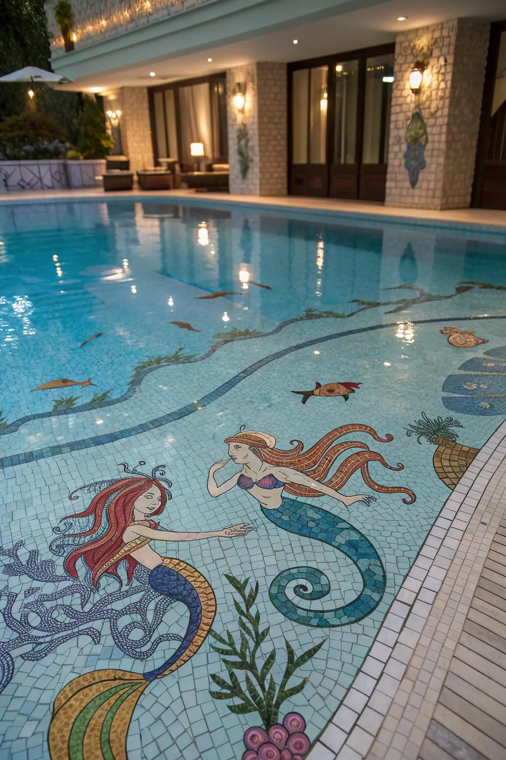 A magical pool featuring whimsical mosaic designs of mermaids.