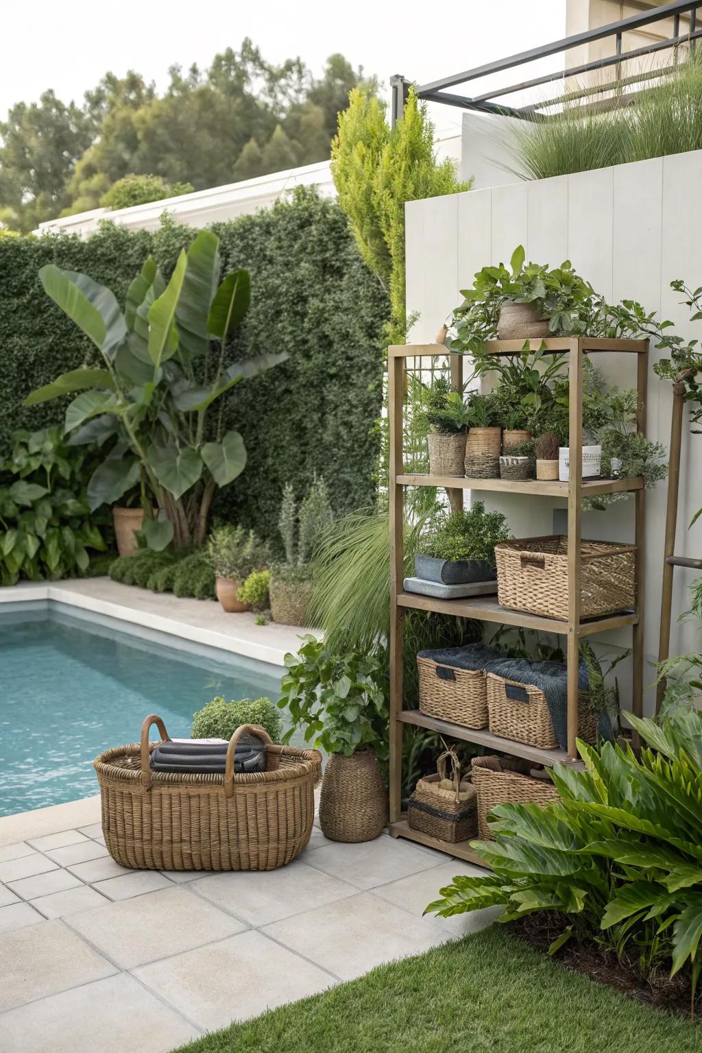 Plants add natural beauty to poolside storage solutions.