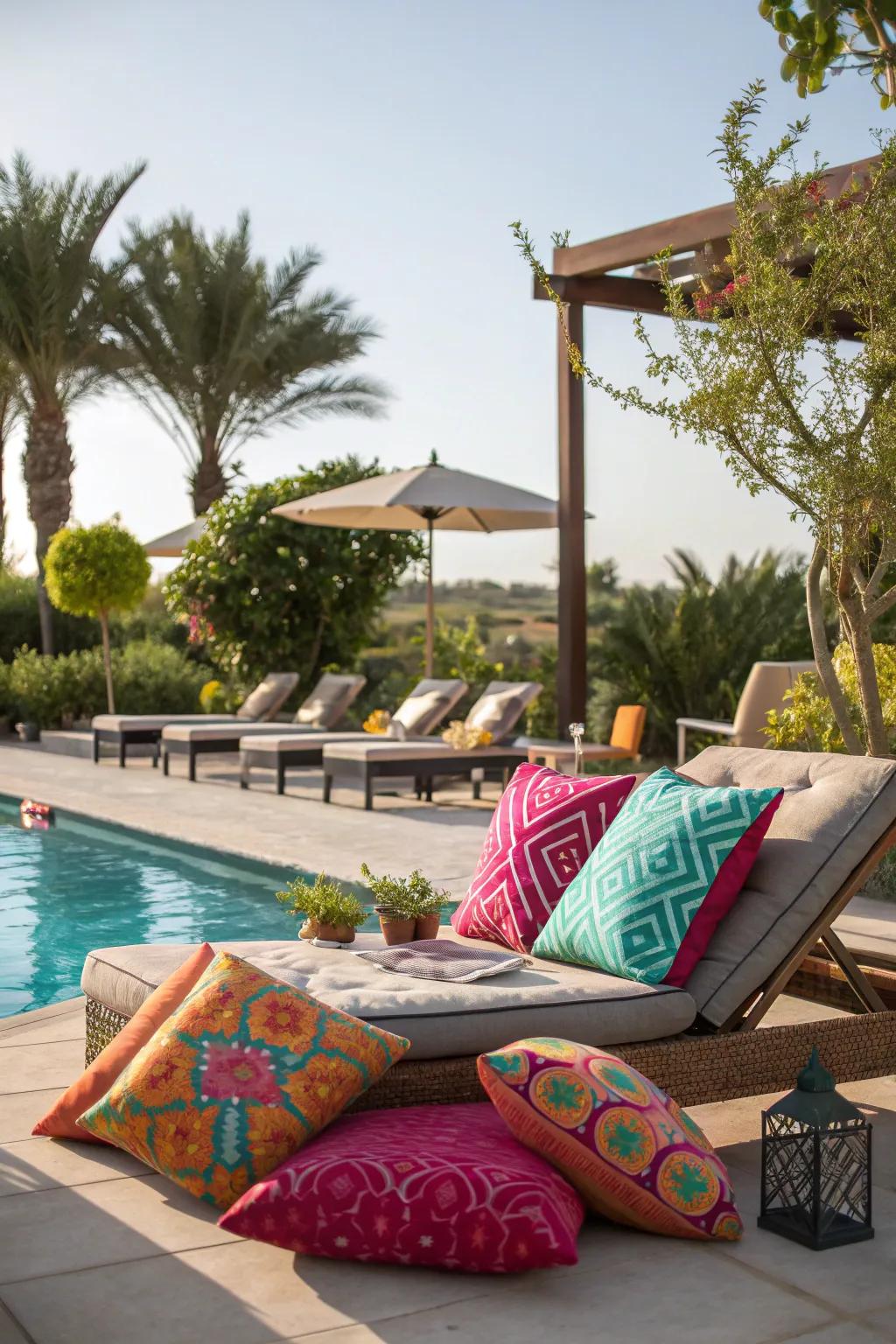 Cozy seating with colorful pillows enhances comfort and style.