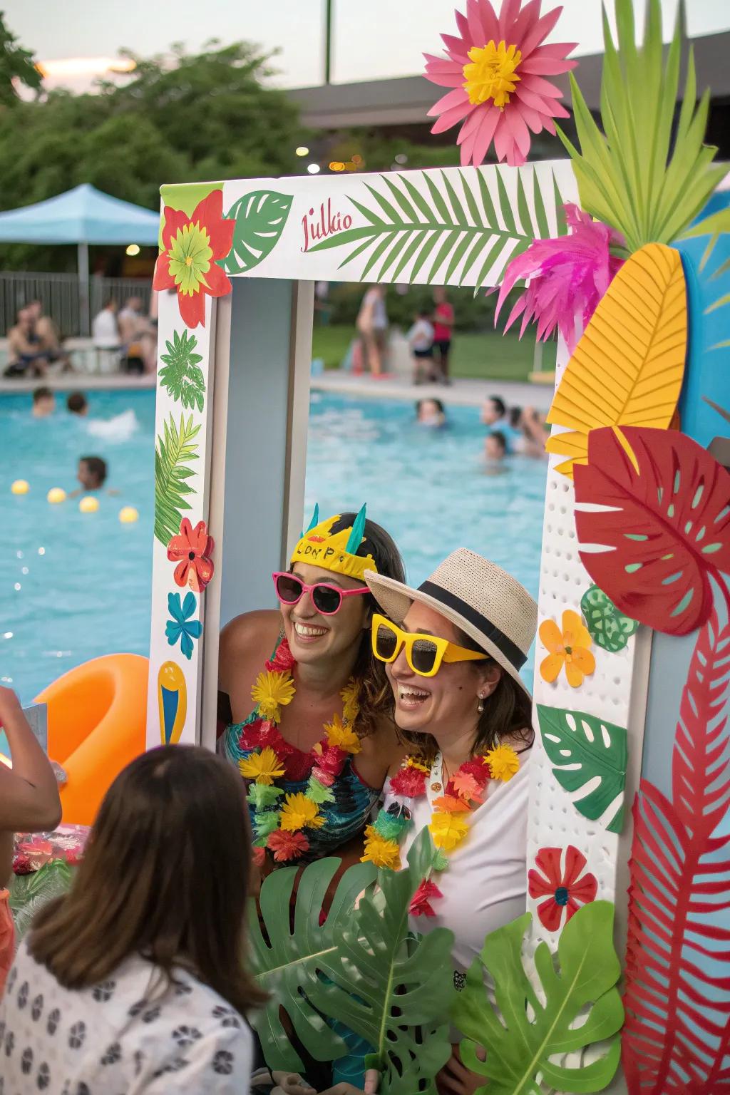 A vibrant DIY photo booth with tropical props, perfect for capturing party memories.