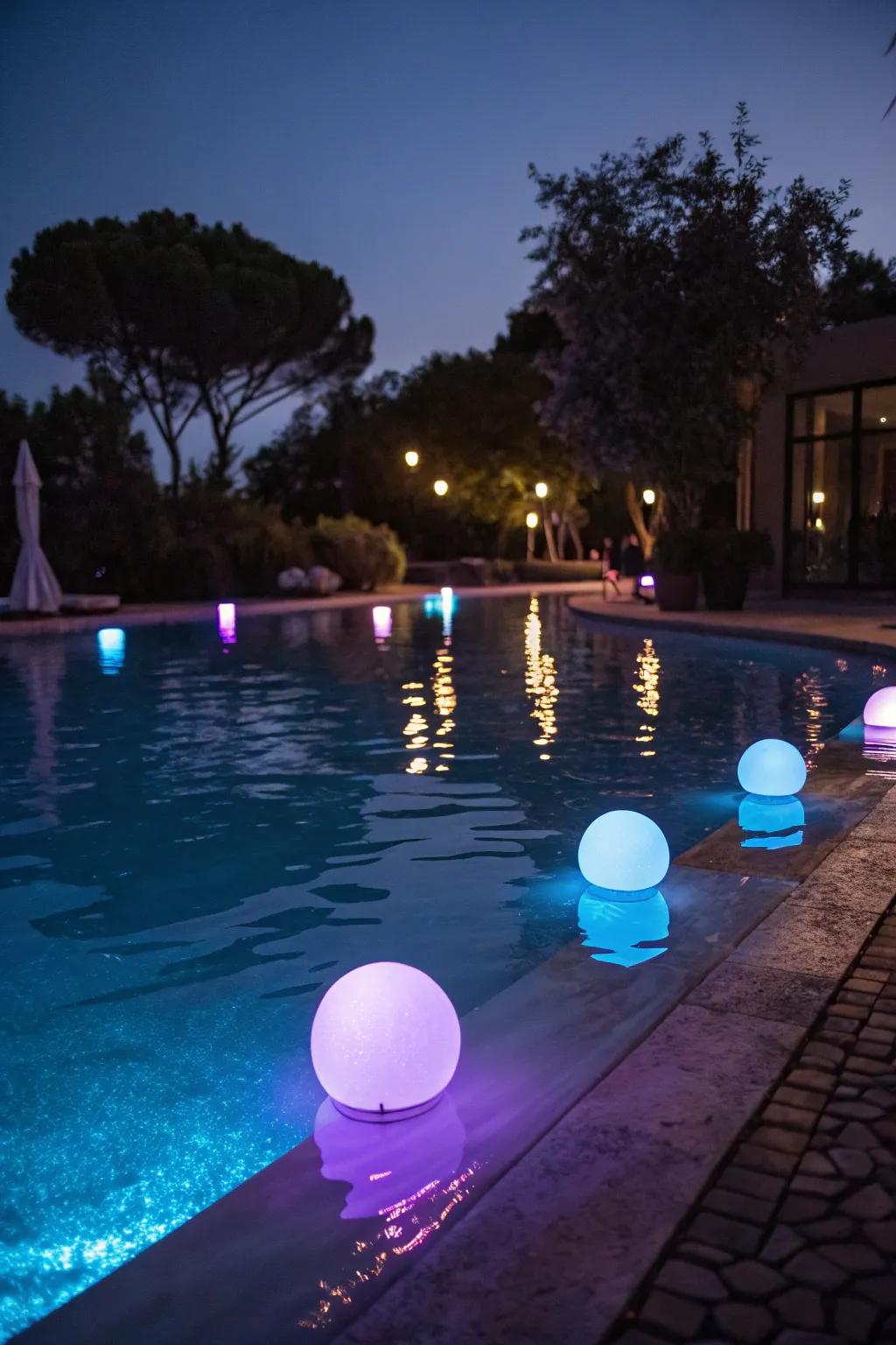 A pool illuminated with floating LED lights for a magical night.